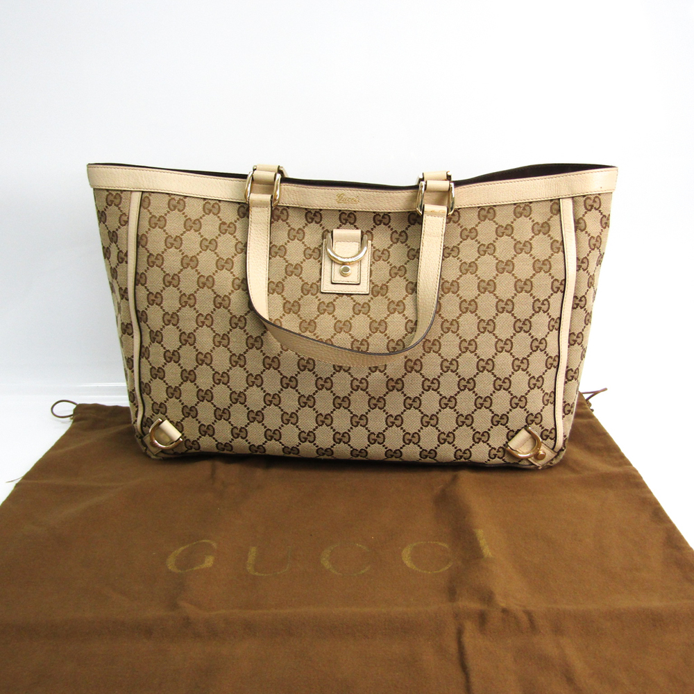 Gucci GG Canvas 141472 Unisex GG Canvas,Leather Tote Bag Beige