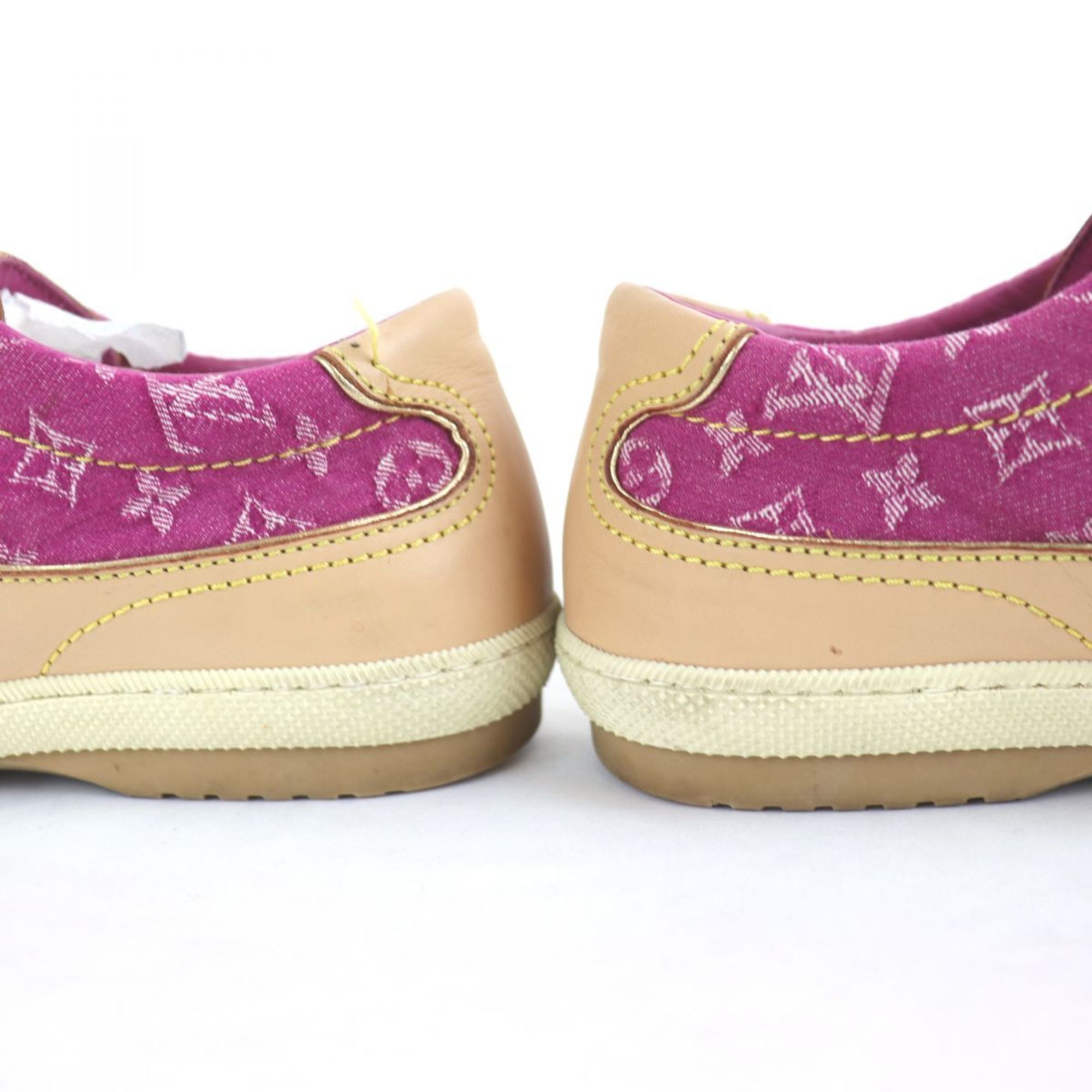 Louis Vuitton Monogram Denim Leather Sneakers Women's Pink Beige 36.5 Logo Low Cut