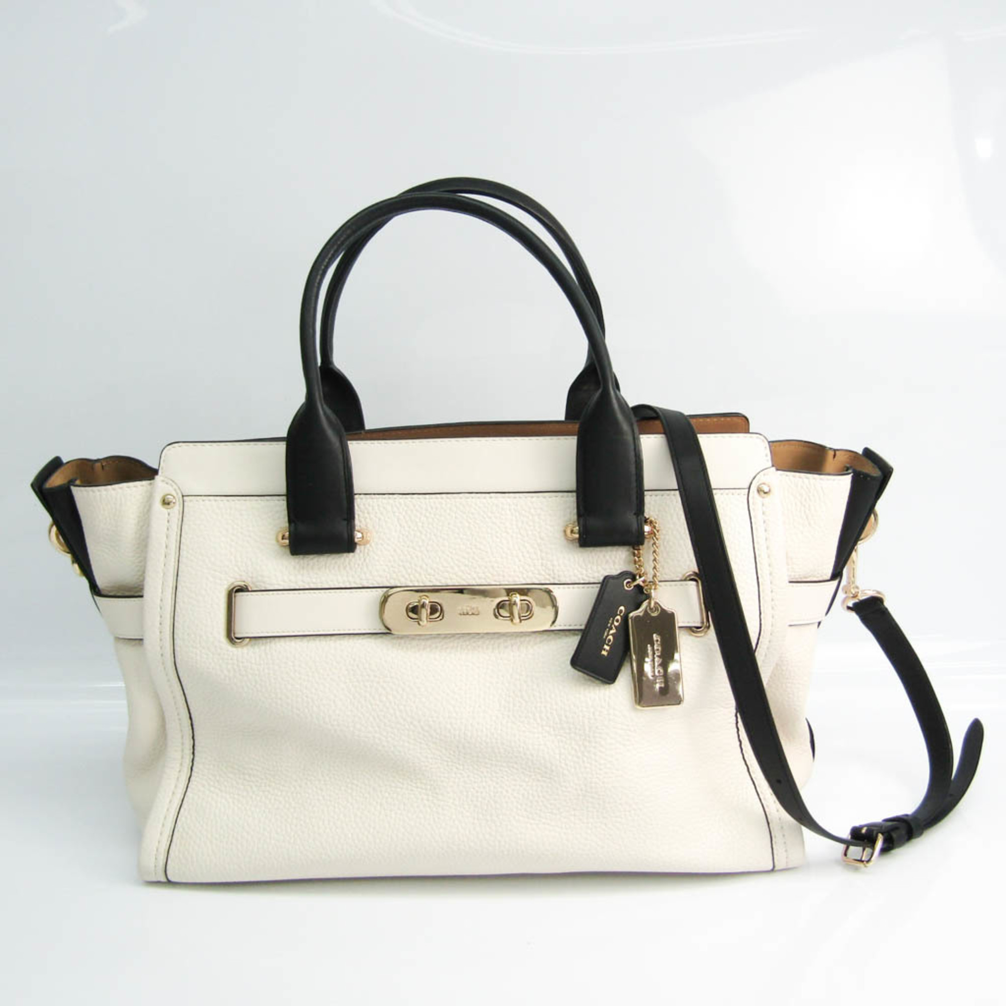 Coach Swagger 37 Carryall 34409 Women's Leather Handbag,Shoulder Bag Beige,Black,Off-white