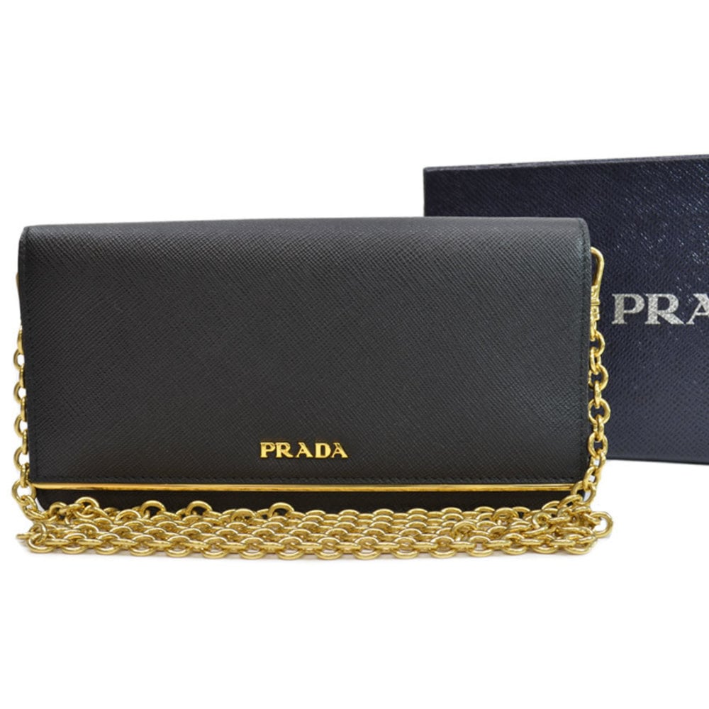 Prada Chain Pochette Long Wallet Black Gold Color Saffiano Leather Ladies