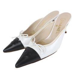 Chanel Mule Heel Pumps Women's White x Black 36C Coco Mark Stitch Ribbon Slide Babouche Leather Bicolor Pointed Toe