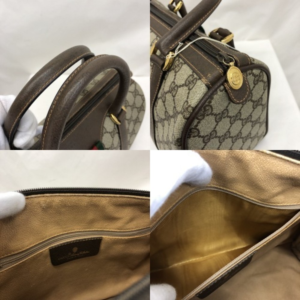 Authenticated Used Gucci Vintage Mini Boston Bag Handbag Barrel Unisex  1970's 70'S Sherry Line GG Pattern/Pigskin Gold Hardware Brown/Beige 