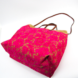 Valentino Garavani Flower Lace Patch Reversible Women's Leather,Canvas Shoulder Bag,Tote Bag Beige,Brown,Pink