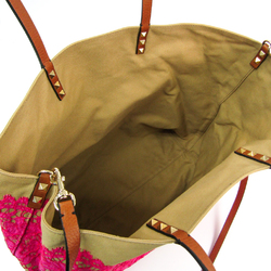 Valentino Garavani Flower Lace Patch Reversible Women's Leather,Canvas Shoulder Bag,Tote Bag Beige,Brown,Pink