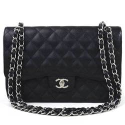 Chanel Chain Shoulder Bag Matrasse Double Flap Black Caviar Skin Silver Hardware Ladies