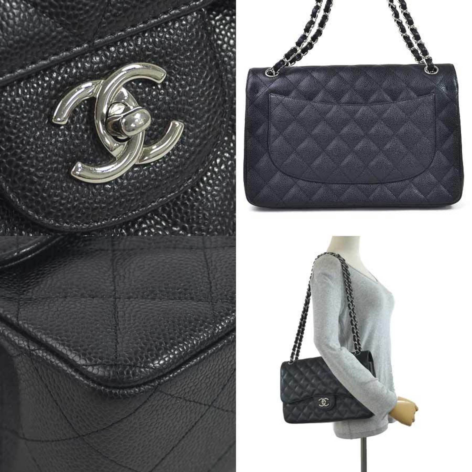 Chanel Chain Shoulder Bag Matrasse Double Flap Black Caviar Skin Silver Hardware Ladies