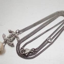 Chanel Necklace Coco Mark Silver White Fake Pearl Rhinestone Pendant Chain Ladies