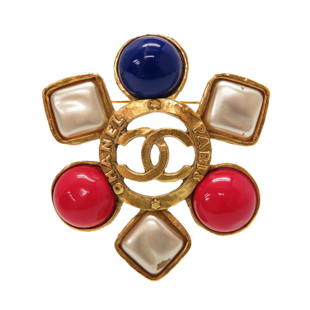 Chanel Vintage Stone Fake Pearl Gold Red Blue Coco Mark Brooch