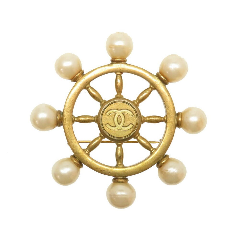 Chanel Vintage Steering Wheel Fake Pearl Coco Mark Gold Brooch Accessories