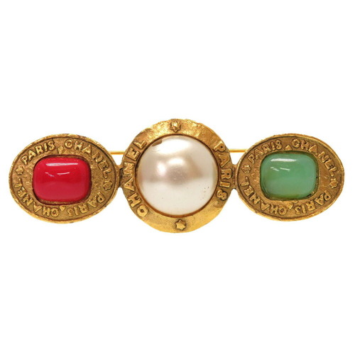 CHANEL VINTAGE GOLD PLATED GREEN STONE BROOCH - My Luxury Bargain