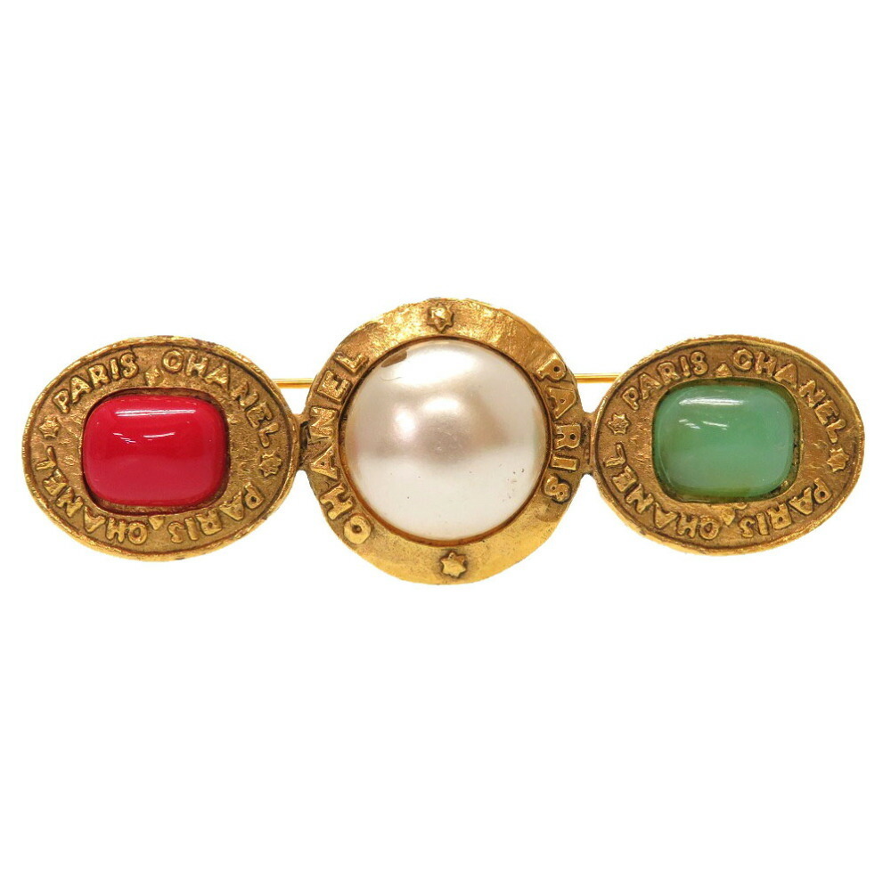 Chanel Vintage Logo Stone Fake Pearl Red Green Gold Brooch Accessories