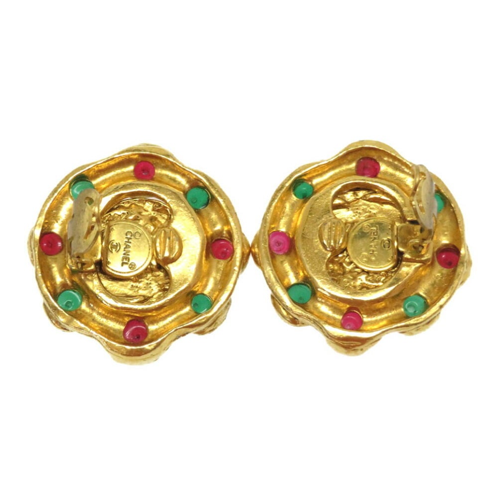 Chanel Vintage Stone Red Green Gold Earrings Coco Mark Accessories 0073  CHANEL