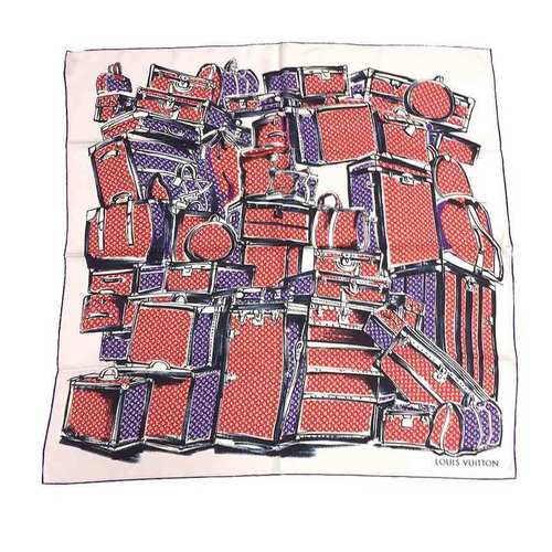 Louis Vuitton Pattern Print, Red Monogram Trunks Silk Scarf
