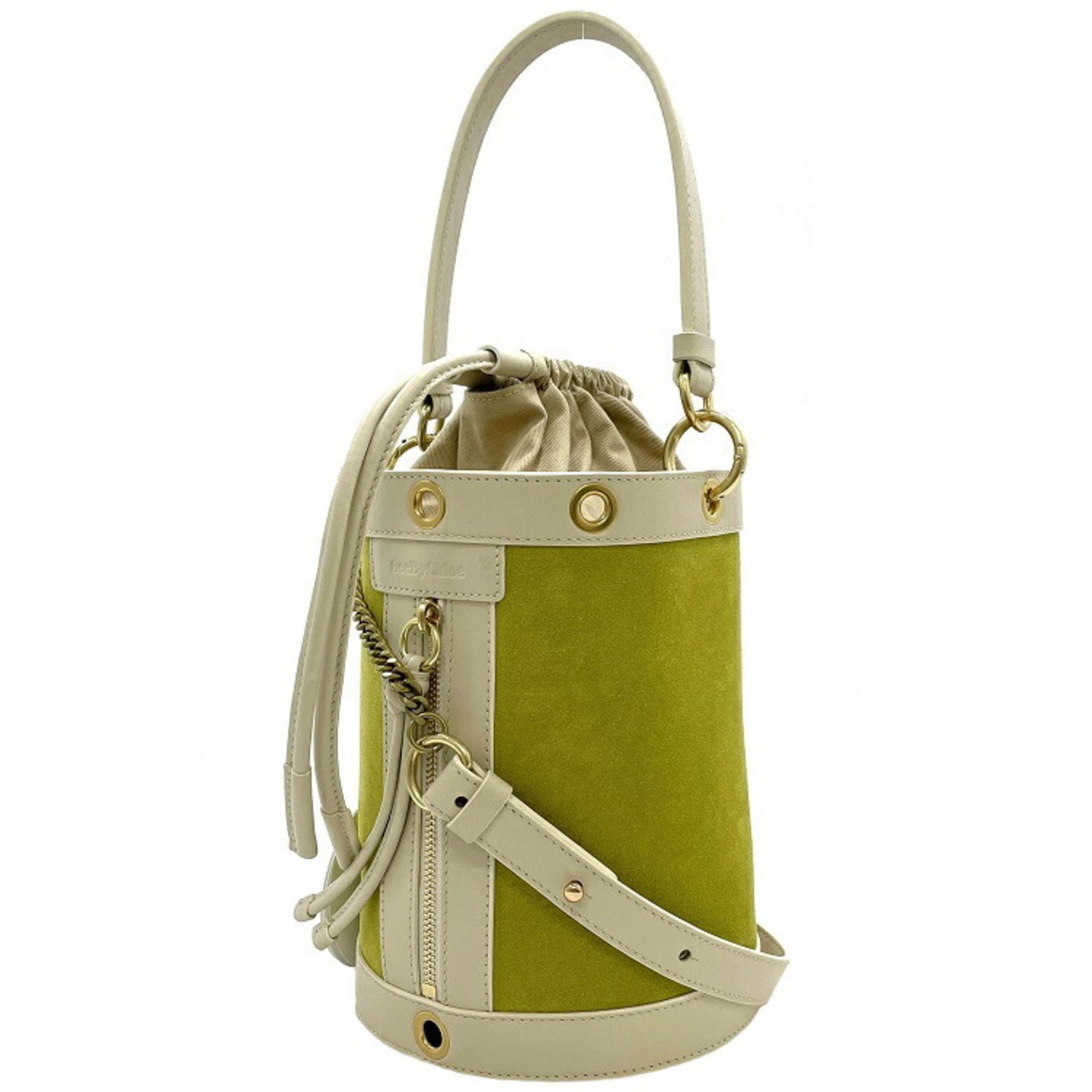 See by Chloé See By Chloe Purse Shoulder Bag Light Green Beige DEBBIE Calf Leather Velor Bucket 2way Handbag Ladies Cylindrical