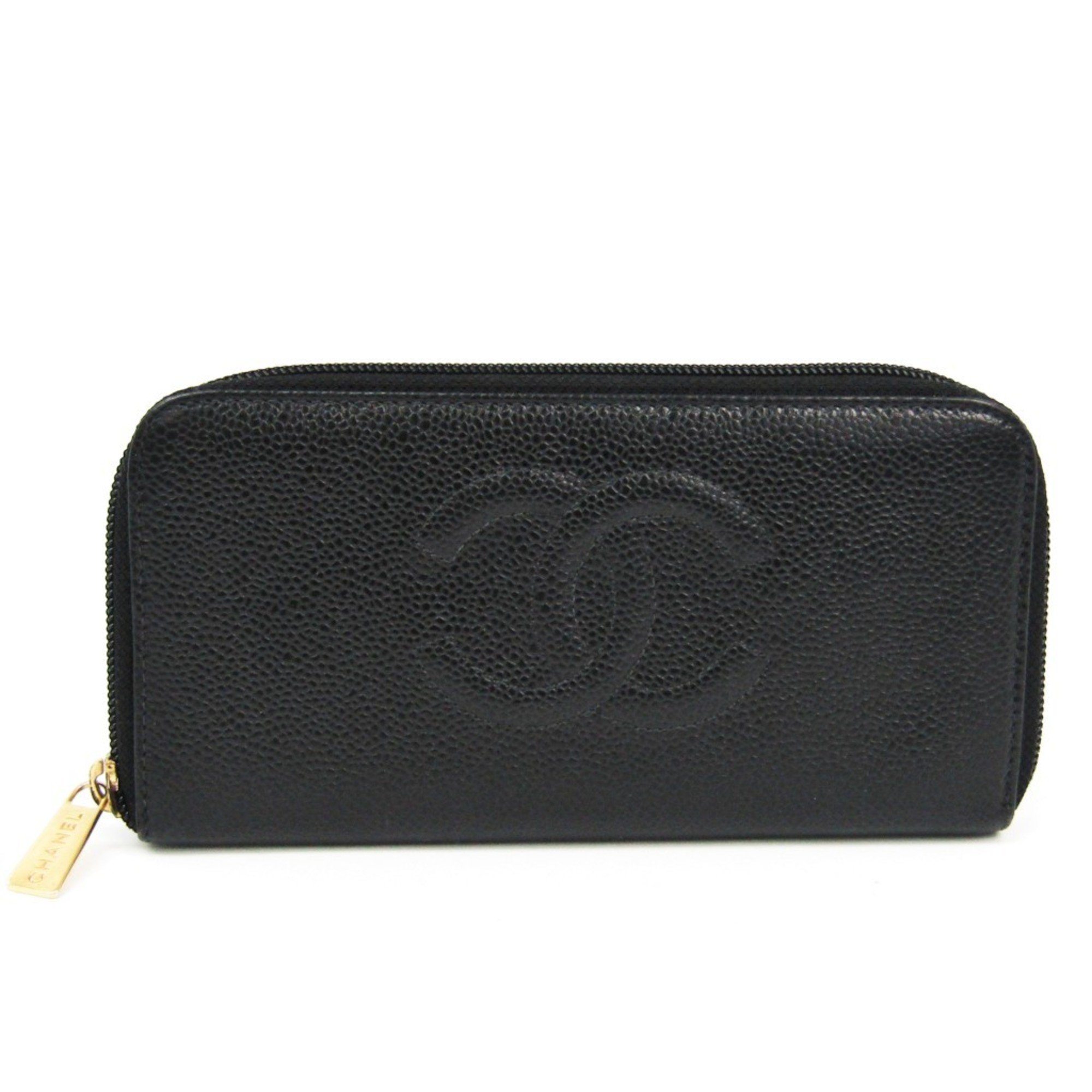 Chanel Round Zip A13228 Women's Caviar Leather Long Wallet (bi-fold) Black